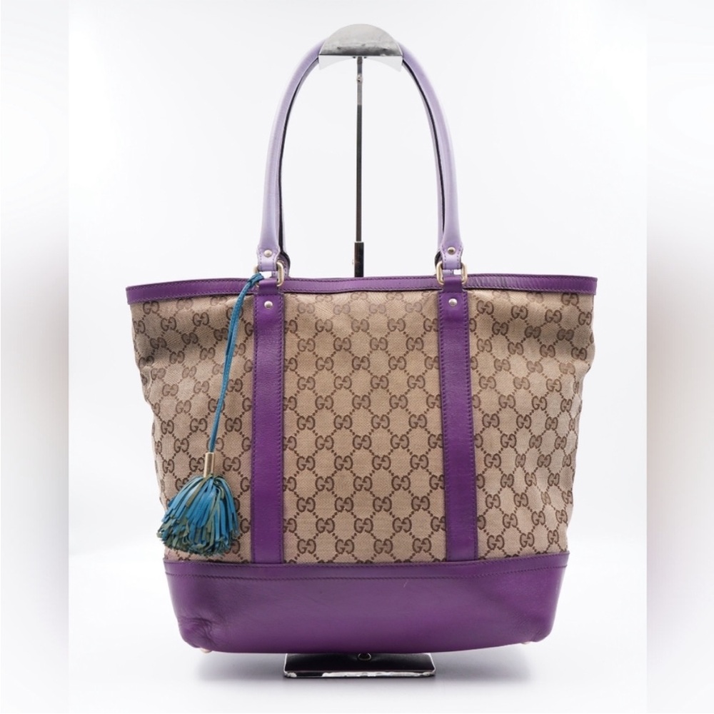 Gucci tote w/ purple trim and leather tassel charm